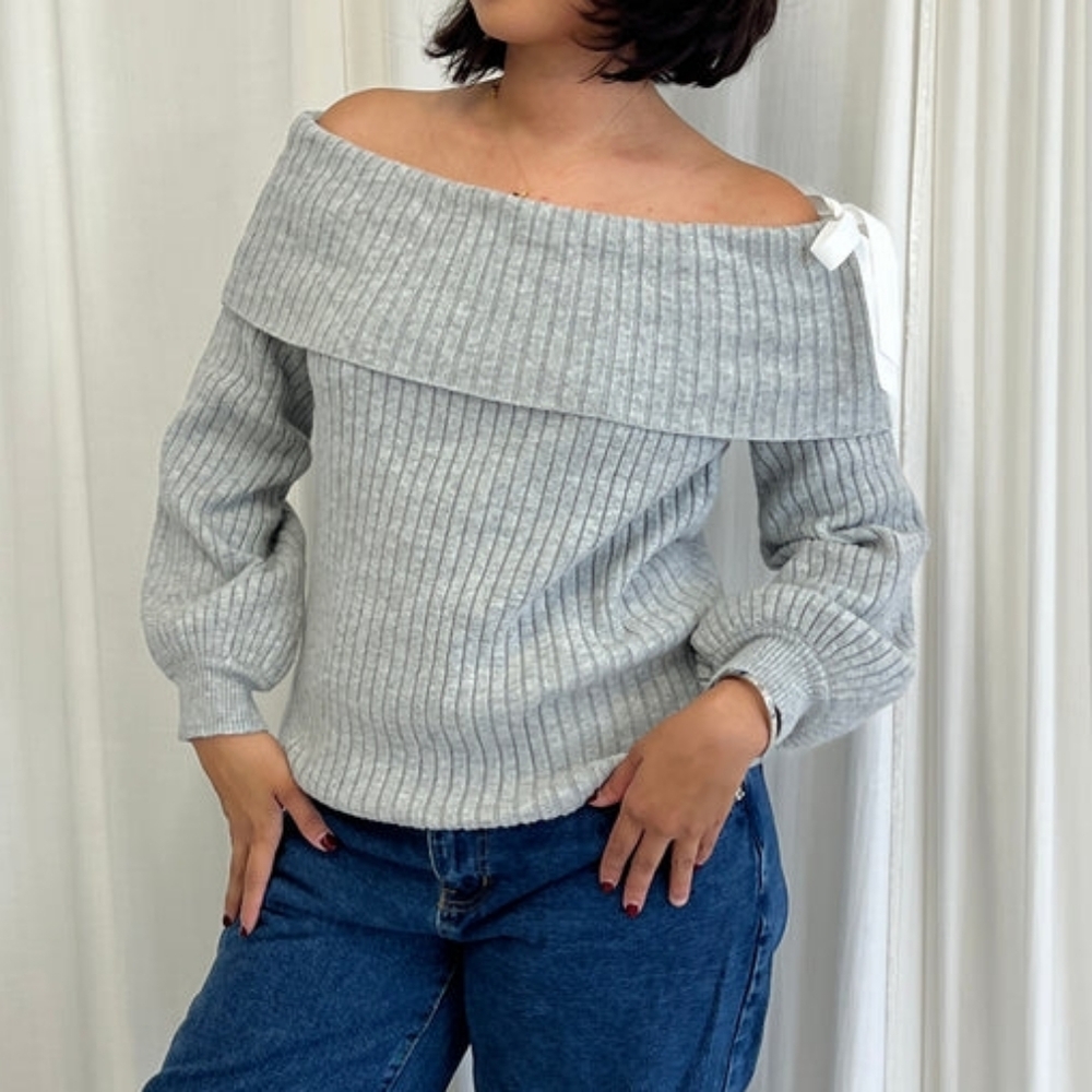 Blue Blush Off-Shoulder Light Gray Sweater